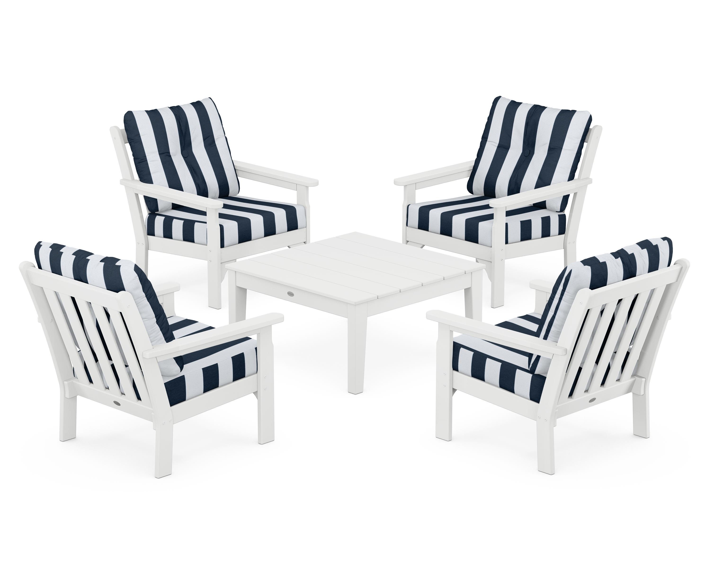 POLYWOOD® Vineyard 5-Piece Deep Seating Conversation Set in White / Cabana Stripe Marine Indigo