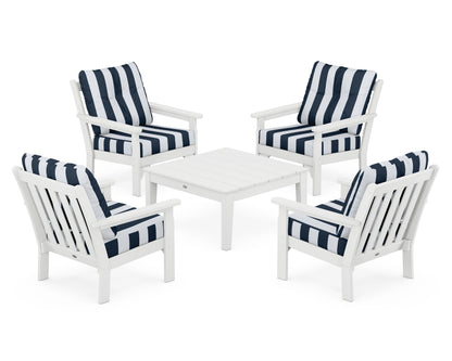 POLYWOOD® Vineyard 5-Piece Deep Seating Conversation Set in White / Cabana Stripe Marine Indigo