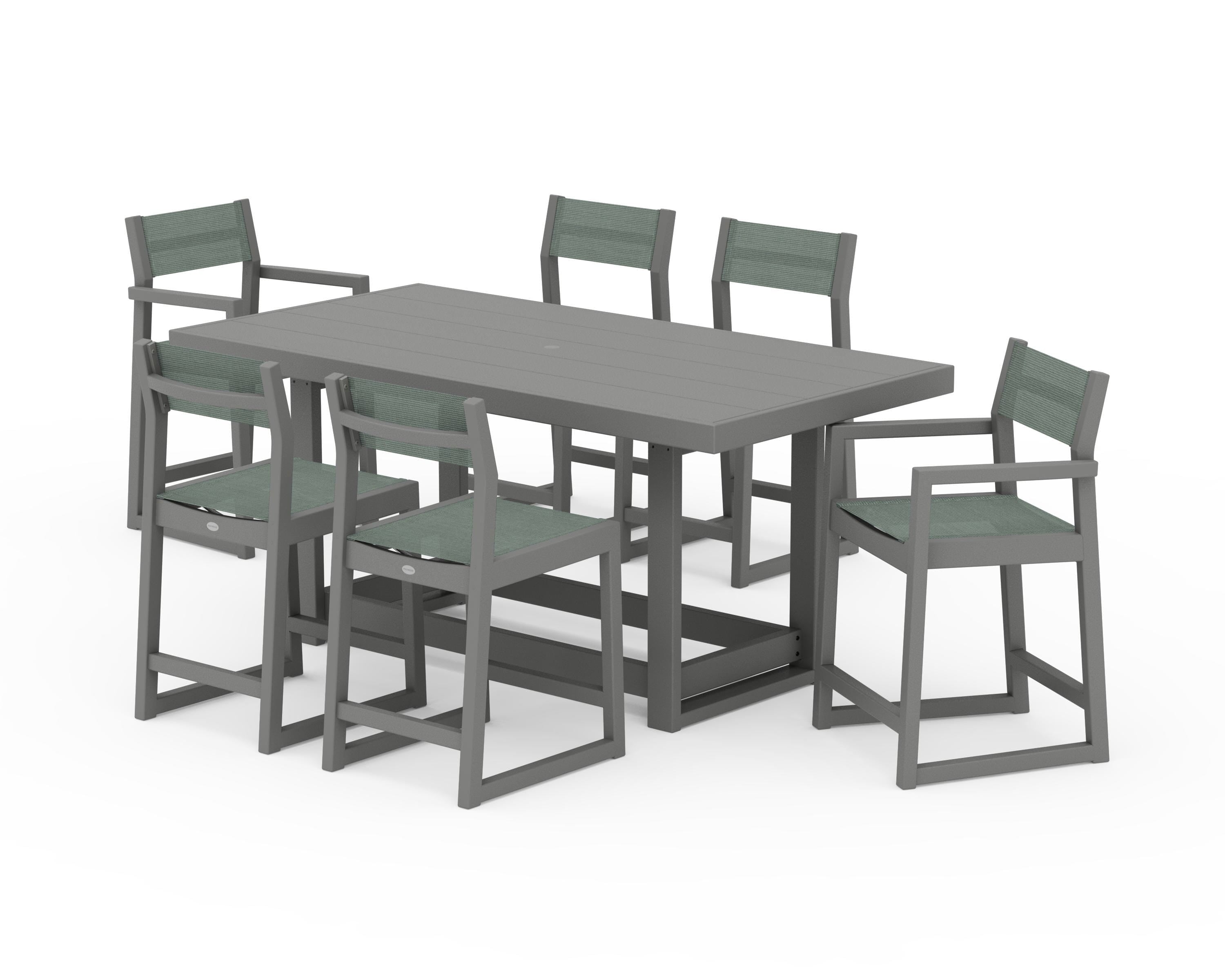POLYWOOD® EDGE Sling 7-Piece Counter Table Set in Slate Grey / Dupioni Sea Mist Sling