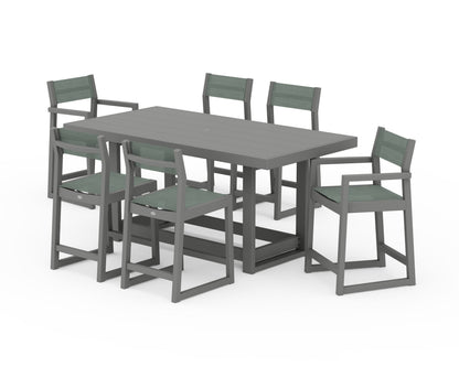 POLYWOOD® EDGE Sling 7-Piece Counter Table Set in Slate Grey / Dupioni Sea Mist Sling