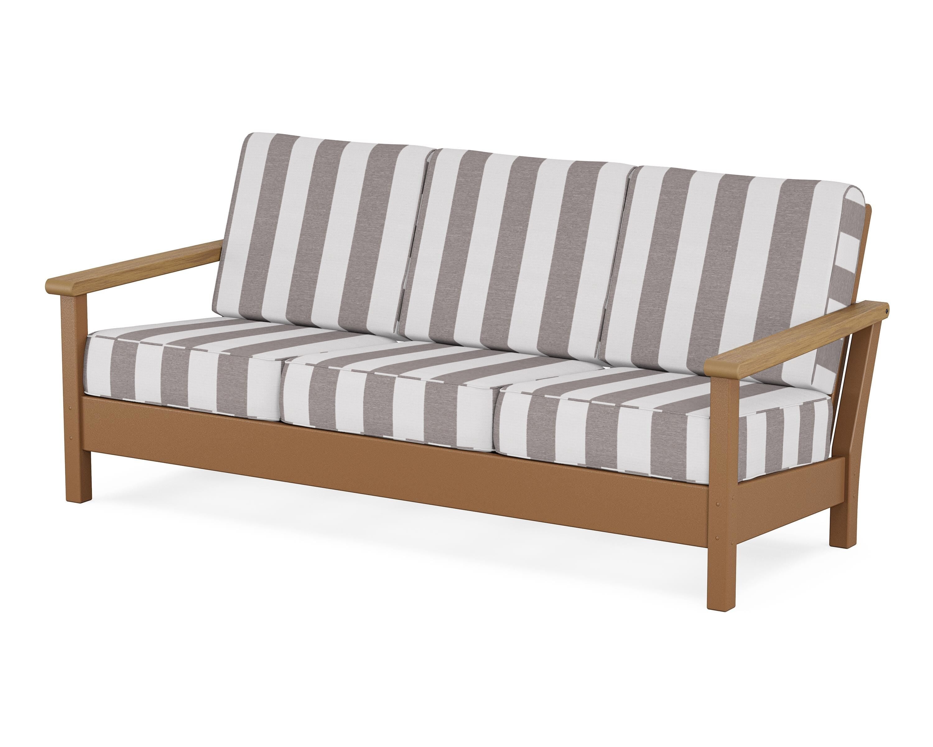 POLYWOOD® Harbour Deep Seating Sofa in Teak / Natural / Cabana Stripe Grey Mist