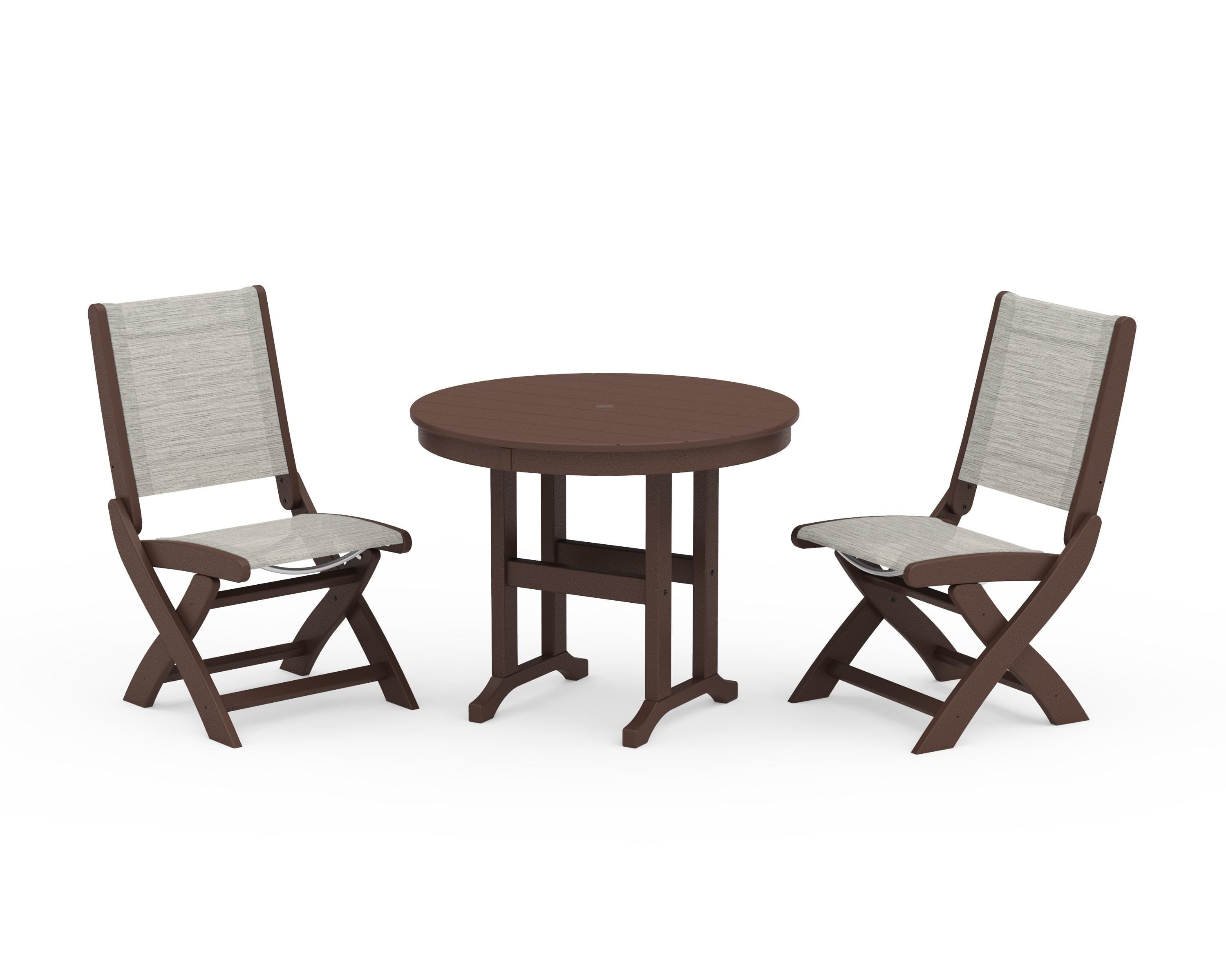 POLYWOOD® Coastal Folding Side Chair 3-Piece Round Dining Set in Mahogany / Birch Sling