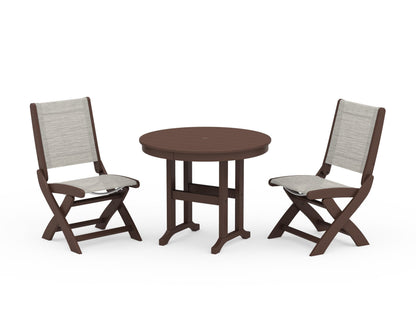 POLYWOOD® Coastal Folding Side Chair 3-Piece Round Dining Set in Mahogany / Birch Sling