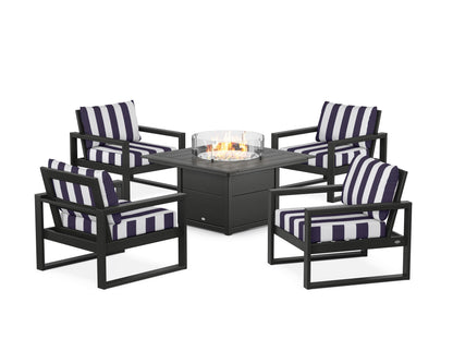 POLYWOOD® EDGE Sectional 5-Piece Deep Seating Set with Fire Pit Table in Black / Cabana Stripe Navy