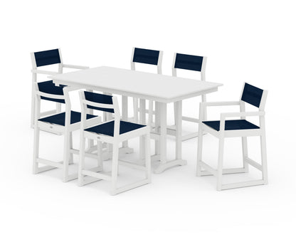 POLYWOOD® EDGE Sling 7-Piece Farmhouse Counter Set with Trestle Legs in White / Navy Blue Sling