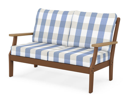 POLYWOOD® Braxton Deep Seating Loveseat in Teak / Natural / Buffalo Plaid Sky Blue