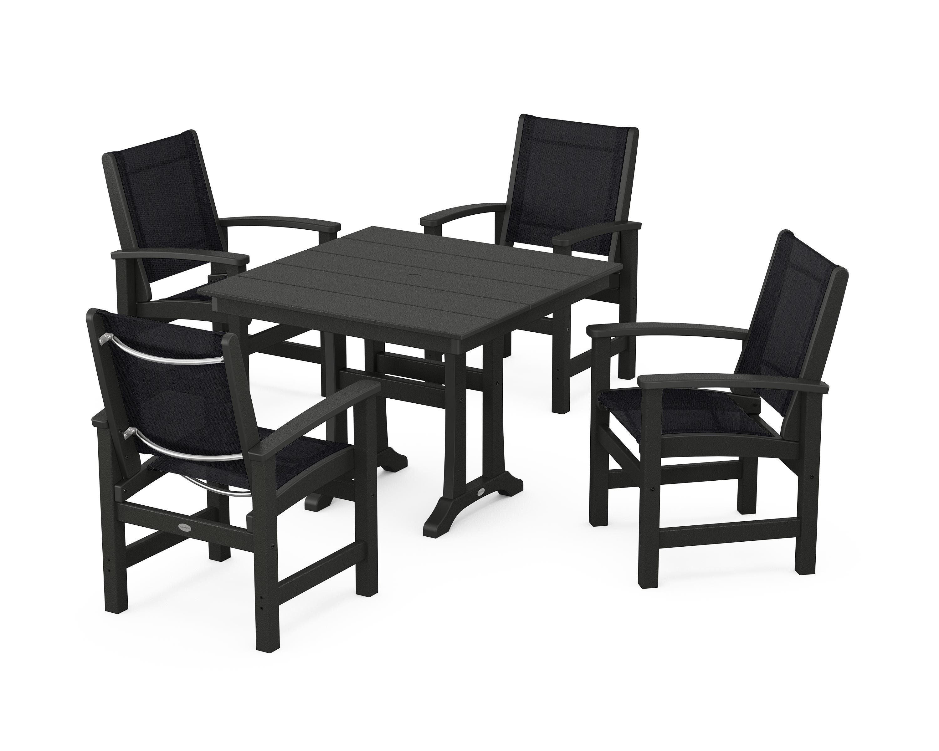 POLYWOOD® Coastal 5-Piece Farmhouse Dining Set With Trestle Legs in Black / Black Sling
