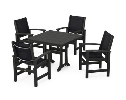 POLYWOOD® Coastal 5-Piece Farmhouse Dining Set With Trestle Legs in Black / Black Sling
