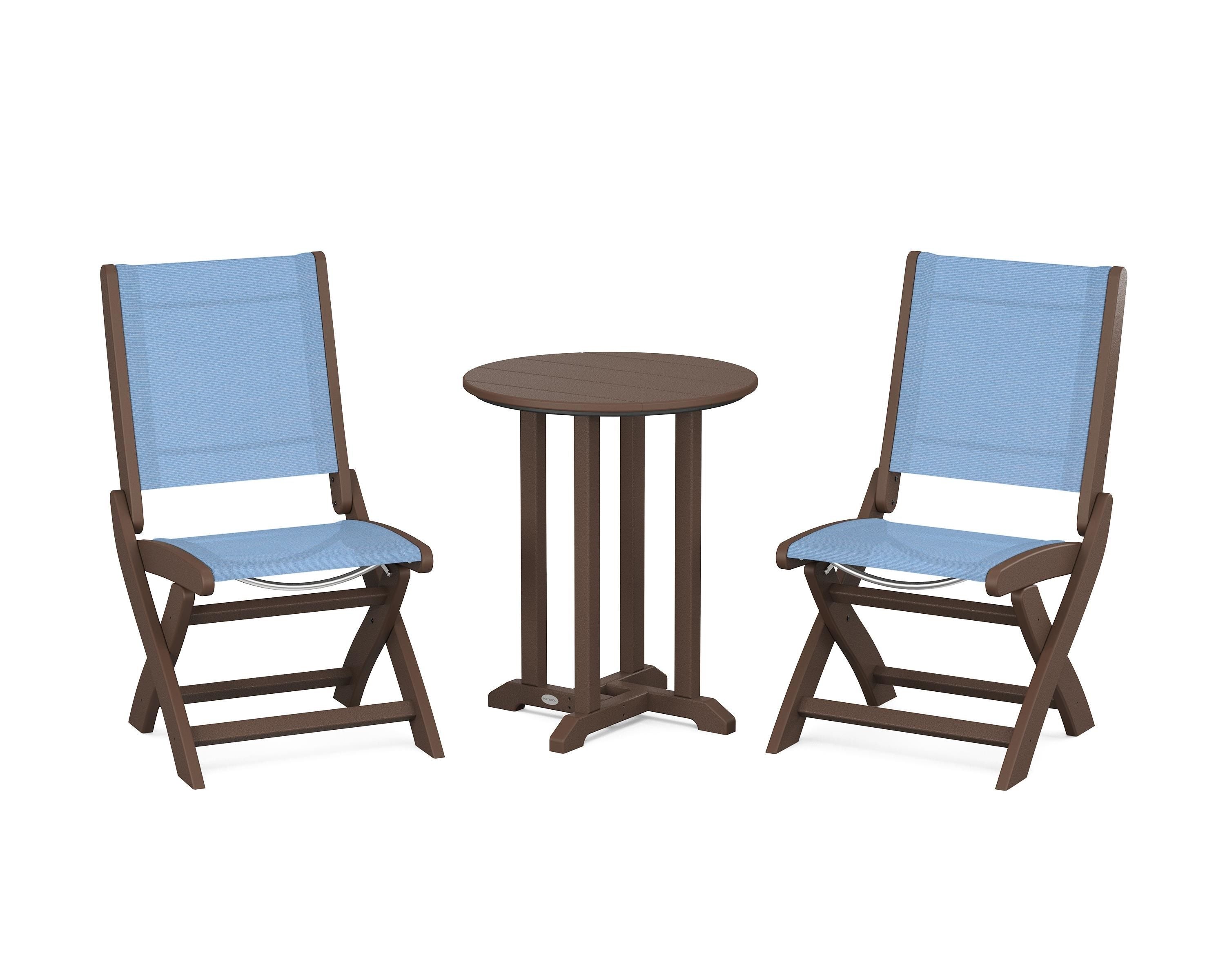 POLYWOOD® Coastal Folding Side Chair 3-Piece Round Bistro Dining Set in Mahogany / Poolside Sling