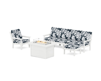 POLYWOOD® Vineyard Sectional Lounge and Fire Pit Set in White / Leaf Marine Indigo