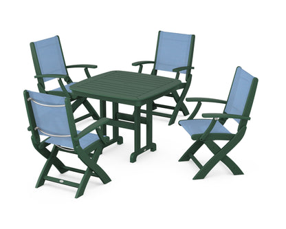 POLYWOOD® Coastal Folding Chair 5-Piece Dining Set in Green / Poolside Sling