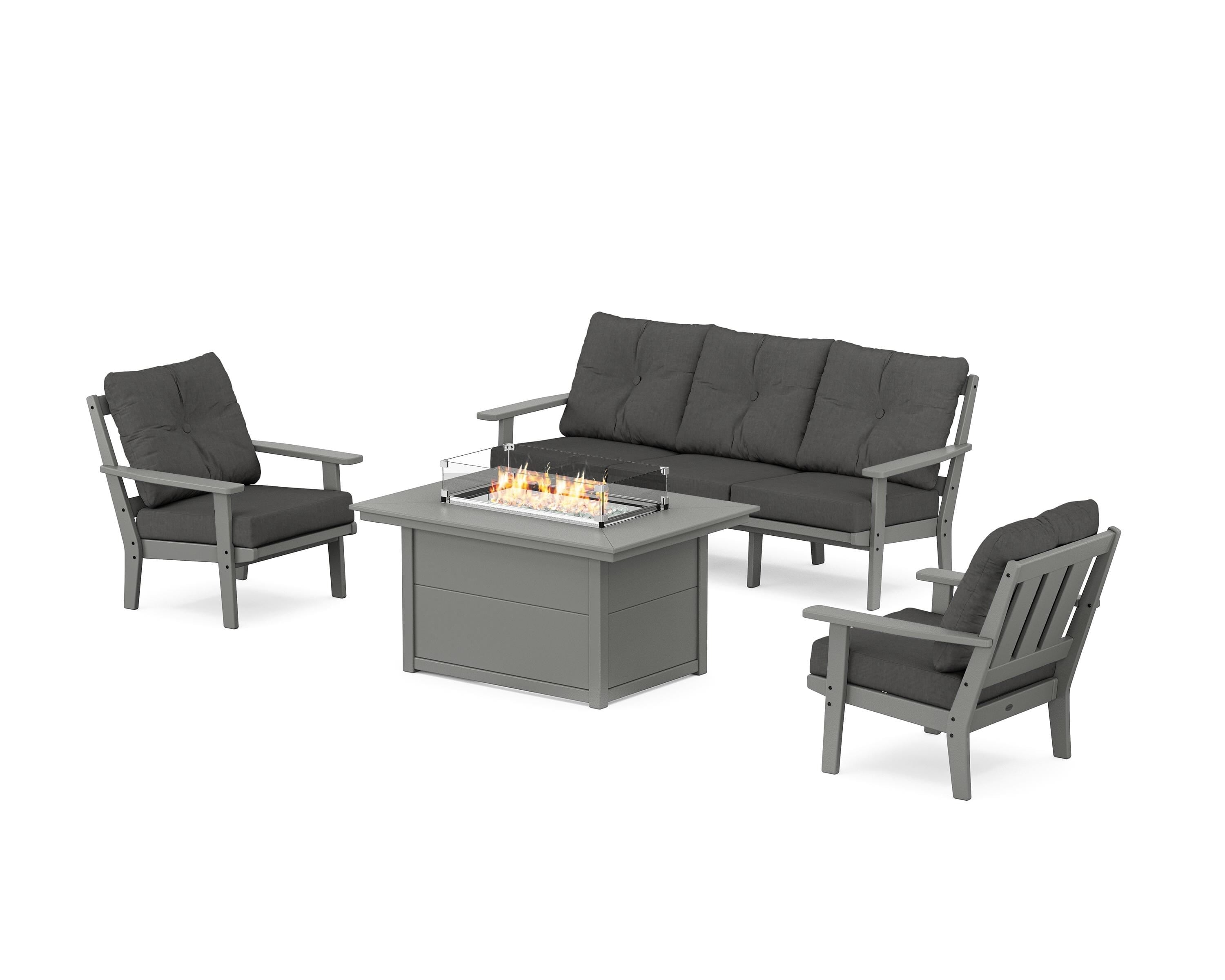 POLYWOOD® Oxford Deep Seating Fire Pit Table Set in Slate Grey / Spectrum Carbon