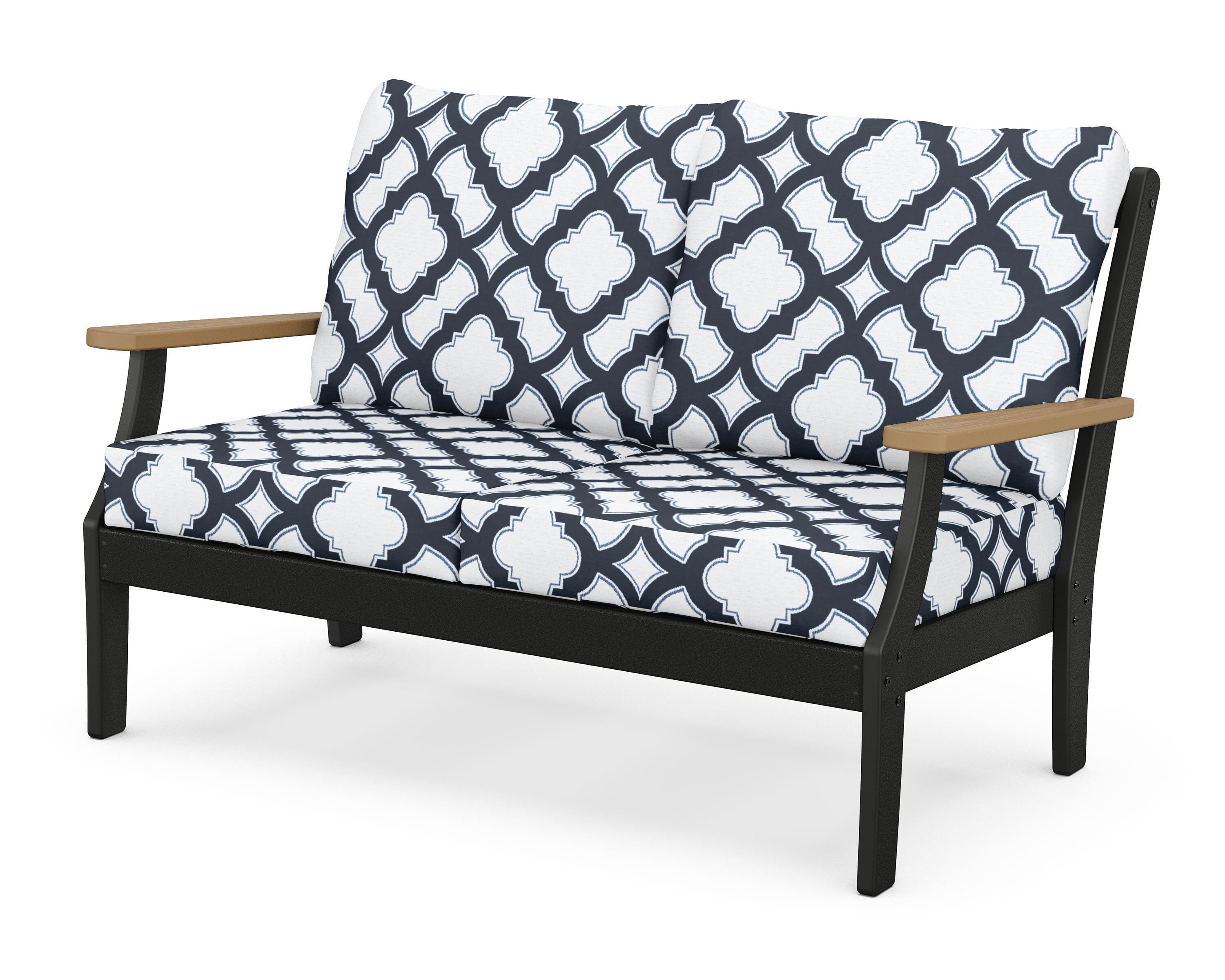 POLYWOOD® Braxton Deep Seating Loveseat in Black / Natural / Trellis Marine Indigo