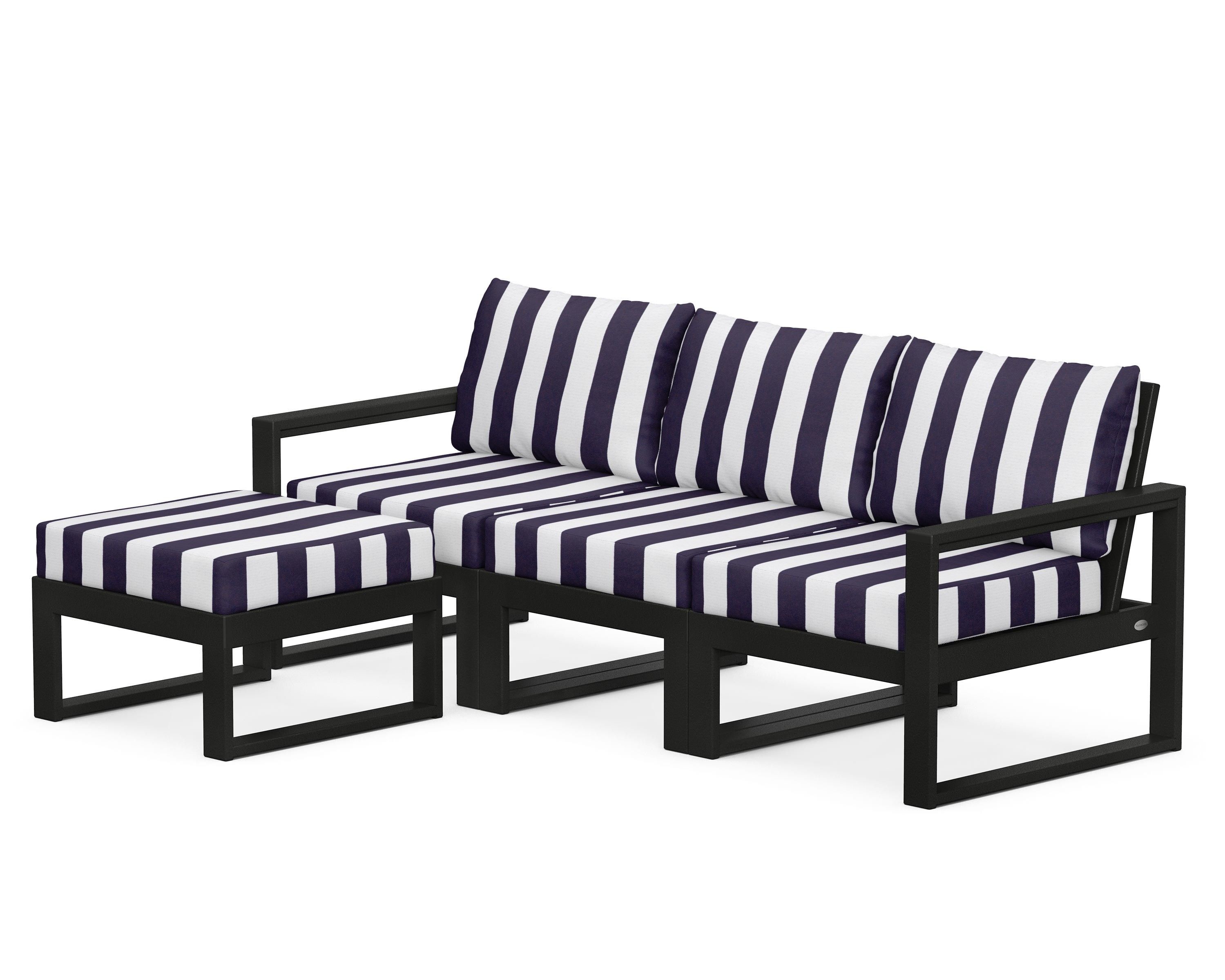 POLYWOOD® EDGE 4-Piece Modular Deep Seating Set with Ottoman in Black / Cabana Stripe Navy