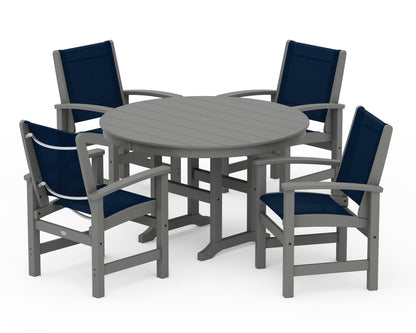 POLYWOOD® Coastal 5-Piece Round Farmhouse Dining Set in Slate Grey / Navy Blue Sling