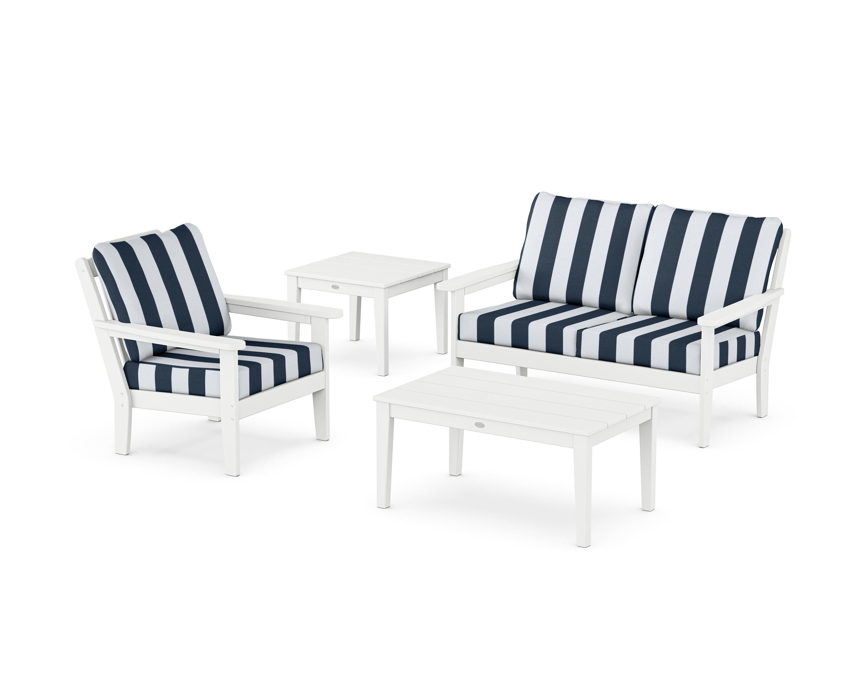 Country Living Wovendale 4-Piece Deep Seating Set in White / Cabana Stripe Marine Indigo