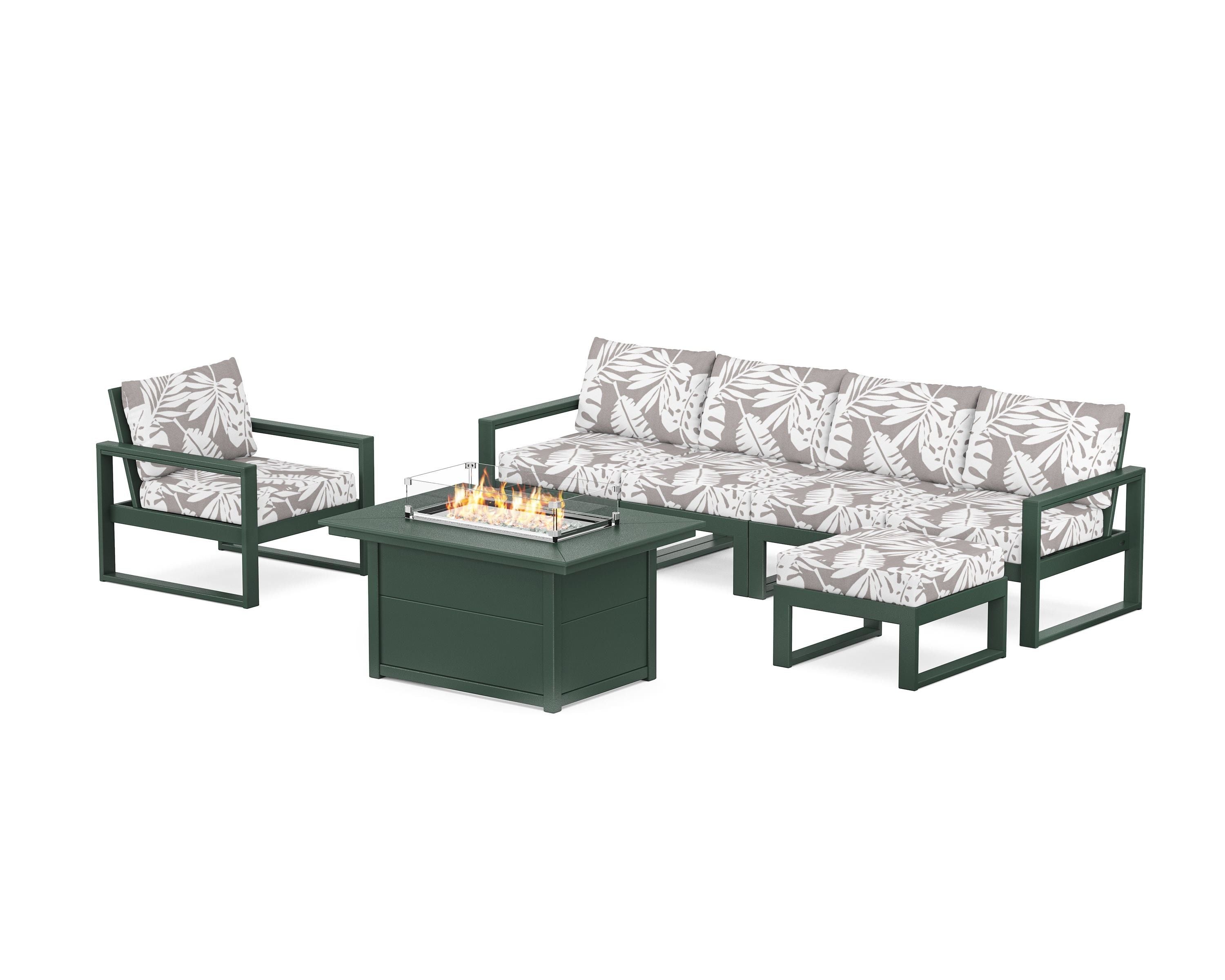 POLYWOOD® EDGE Sectional Lounge and Fire Pit Set in Green / Leaf Grey Mist