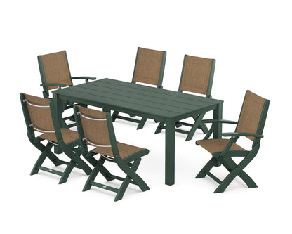 POLYWOOD® Coastal Folding Chair 7-Piece Parsons Dining Set in Green / Burlap Sling