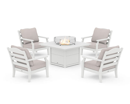 Draper James™ by  POLYWOOD® Savannah 5-Piece Deep Seating Set with Fire Pit Table in White / Dune Burlap