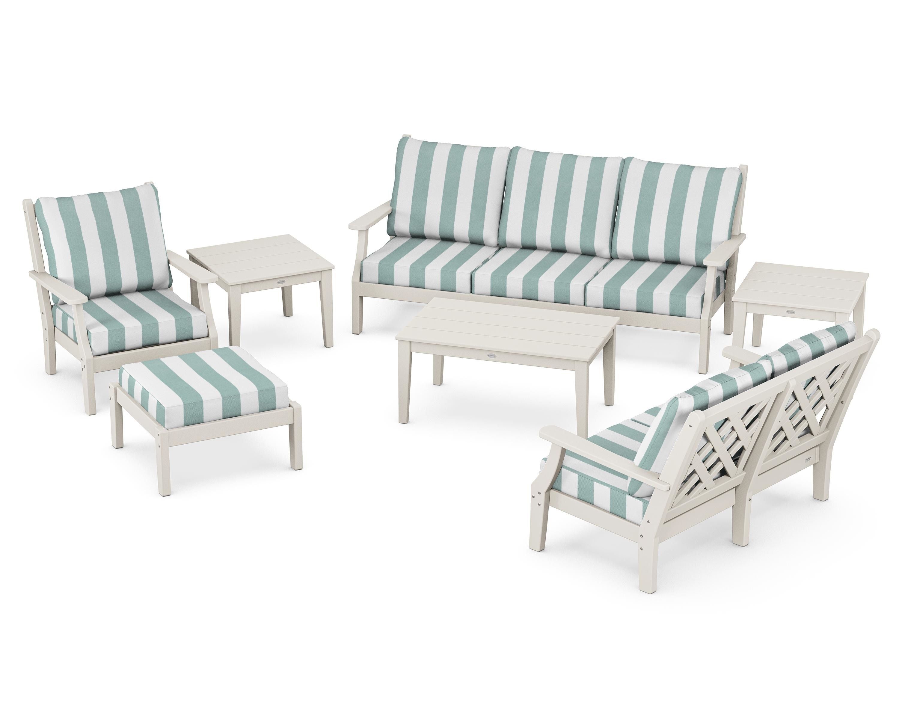 Country Living Wovendale 7-Piece Deep Seating Set in Sand / Cabana Stripe Glacier Spa