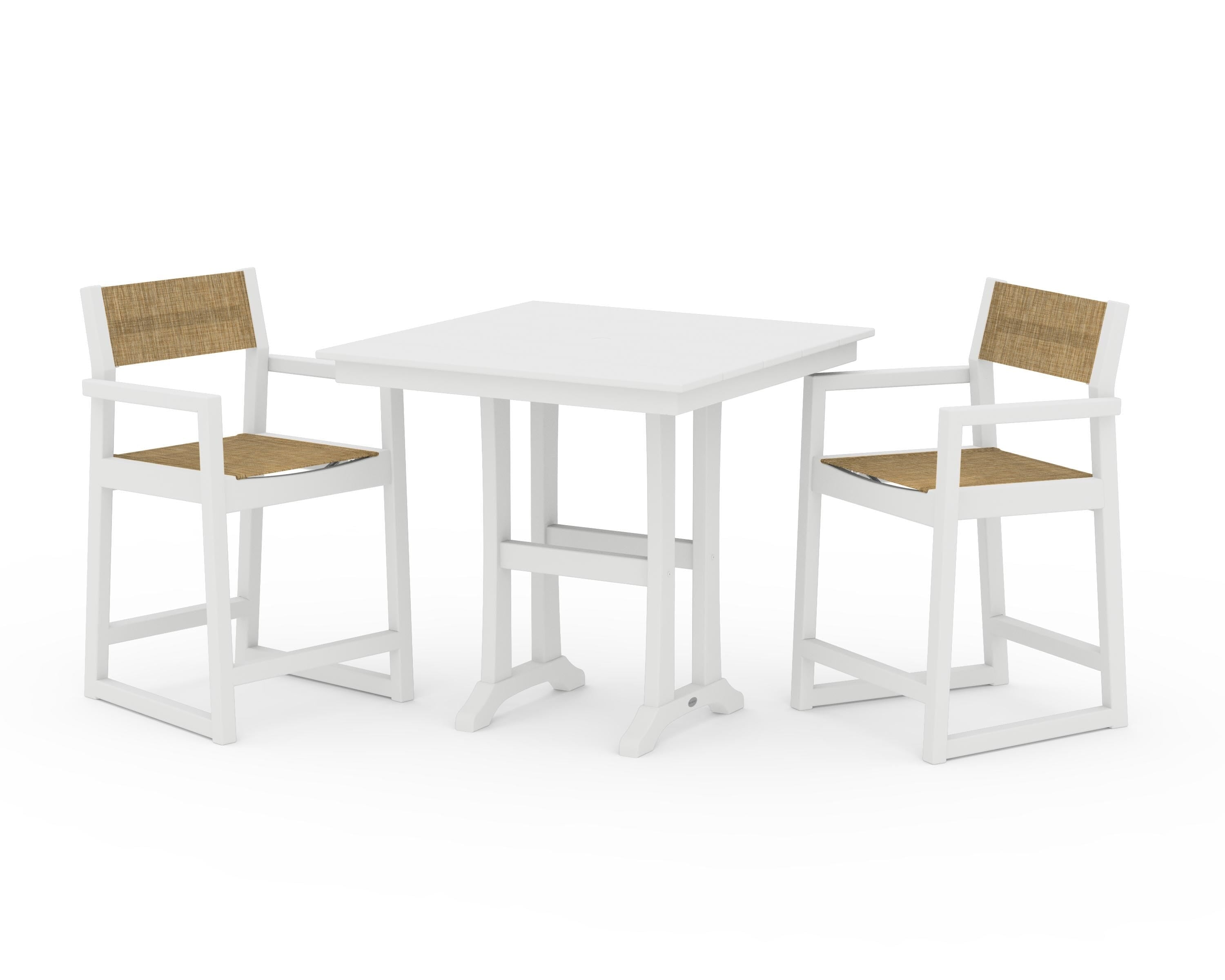 POLYWOOD® EDGE Sling Arm Chair 3-Piece Farmhouse Counter Set with Trestle Legs in White / Burlap Sling