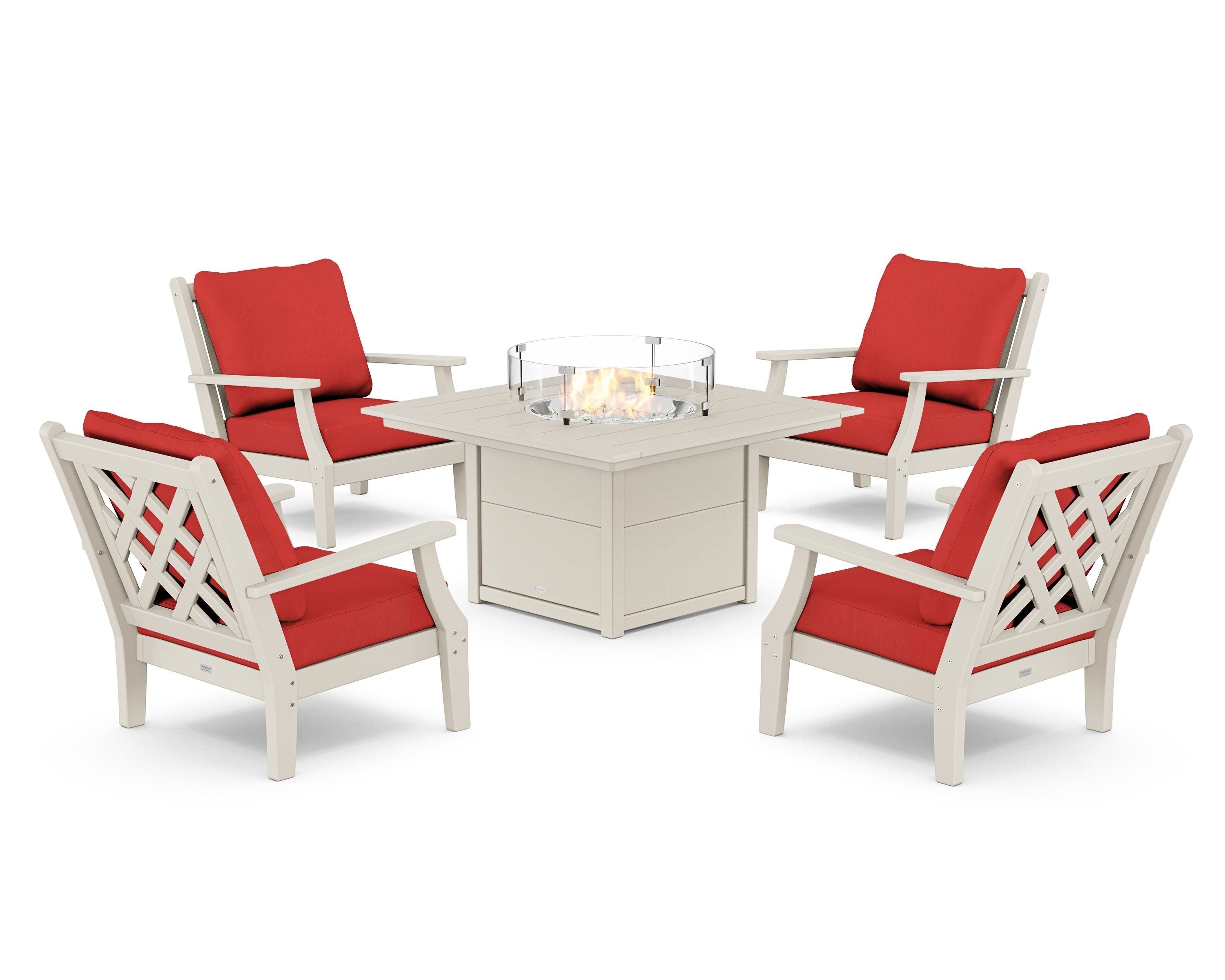 Country Living Wovendale 5-Piece Deep Seating Set with Fire Pit Table in Sand / Crimson Linen