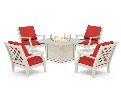 Country Living Wovendale 5-Piece Deep Seating Set with Fire Pit Table in Sand / Crimson Linen