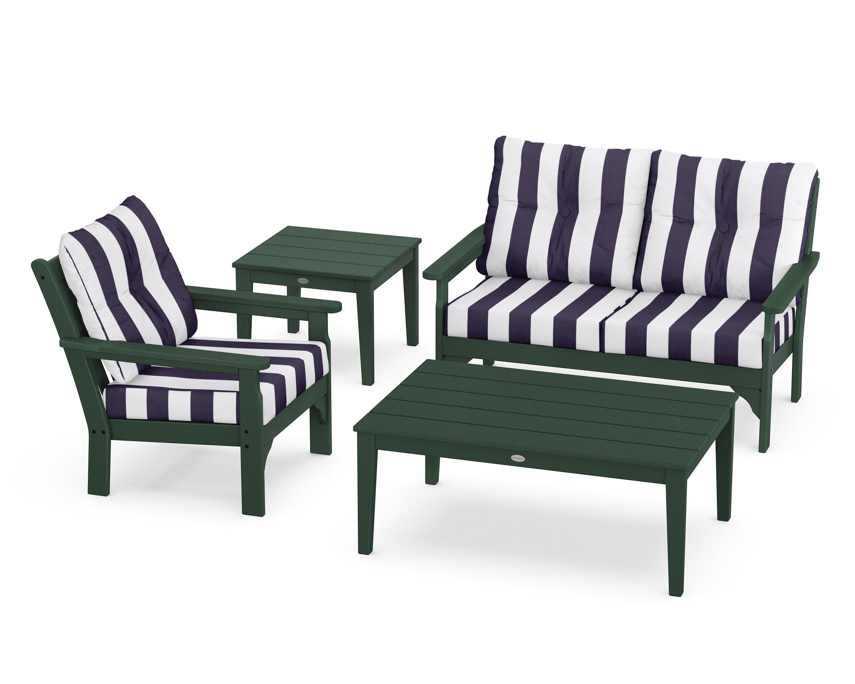 POLYWOOD® Vineyard 4-Piece Deep Seating Set in Green / Cabana Stripe Navy