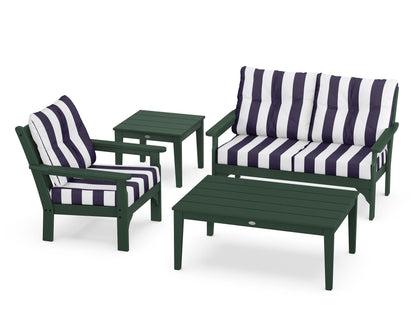 POLYWOOD® Vineyard 4-Piece Deep Seating Set in Green / Cabana Stripe Navy