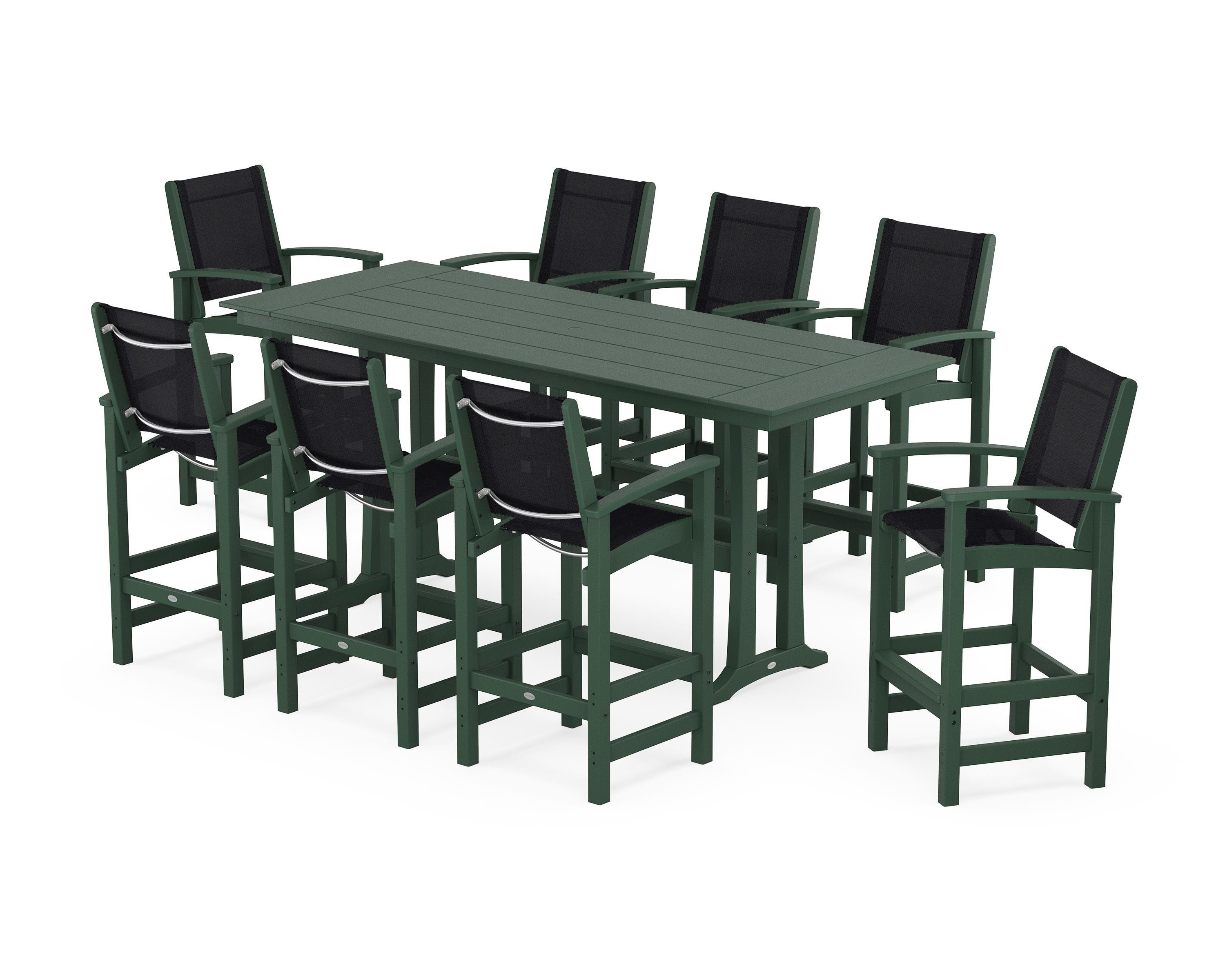 POLYWOOD® Coastal 9-Piece Farmhouse Bar Set with Trestle Legs in Green / Black Sling