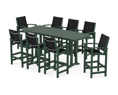 POLYWOOD® Coastal 9-Piece Farmhouse Bar Set with Trestle Legs in Green / Black Sling