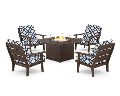 POLYWOOD® Lakeside 5-Piece Deep Seating Set with Nautical Fire Pit Table in Mahogany / Trellis Marine Indigo