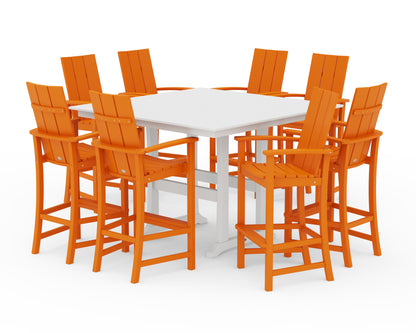 POLYWOOD® Modern Adirondack 9-Piece Farmhouse Trestle Bar Set in Tangerine / White