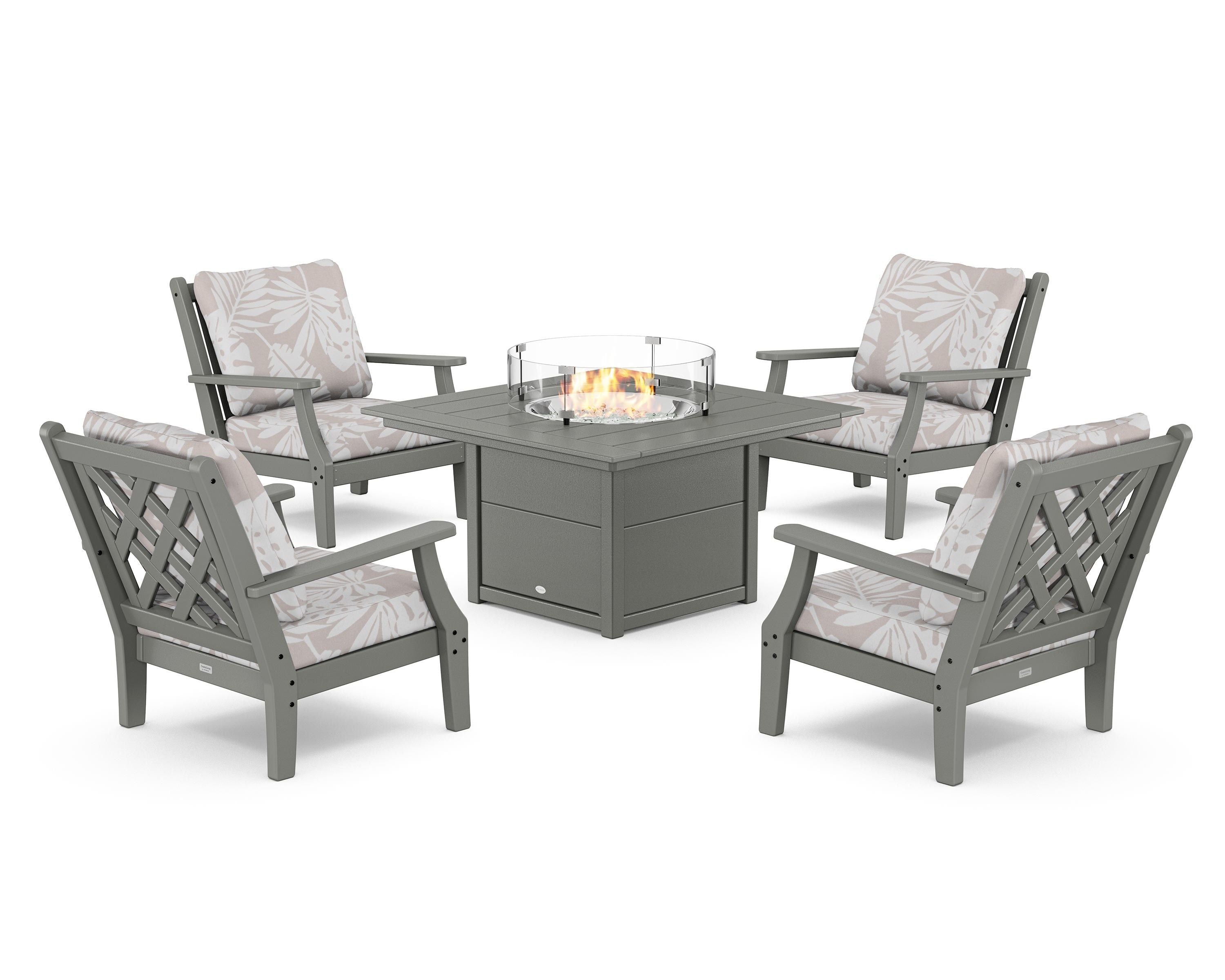 Country Living Wovendale 5-Piece Deep Seating Set with Fire Pit Table in Slate Grey / Leaf Dune Burlap