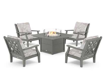 Country Living Wovendale 5-Piece Deep Seating Set with Fire Pit Table in Slate Grey / Leaf Dune Burlap