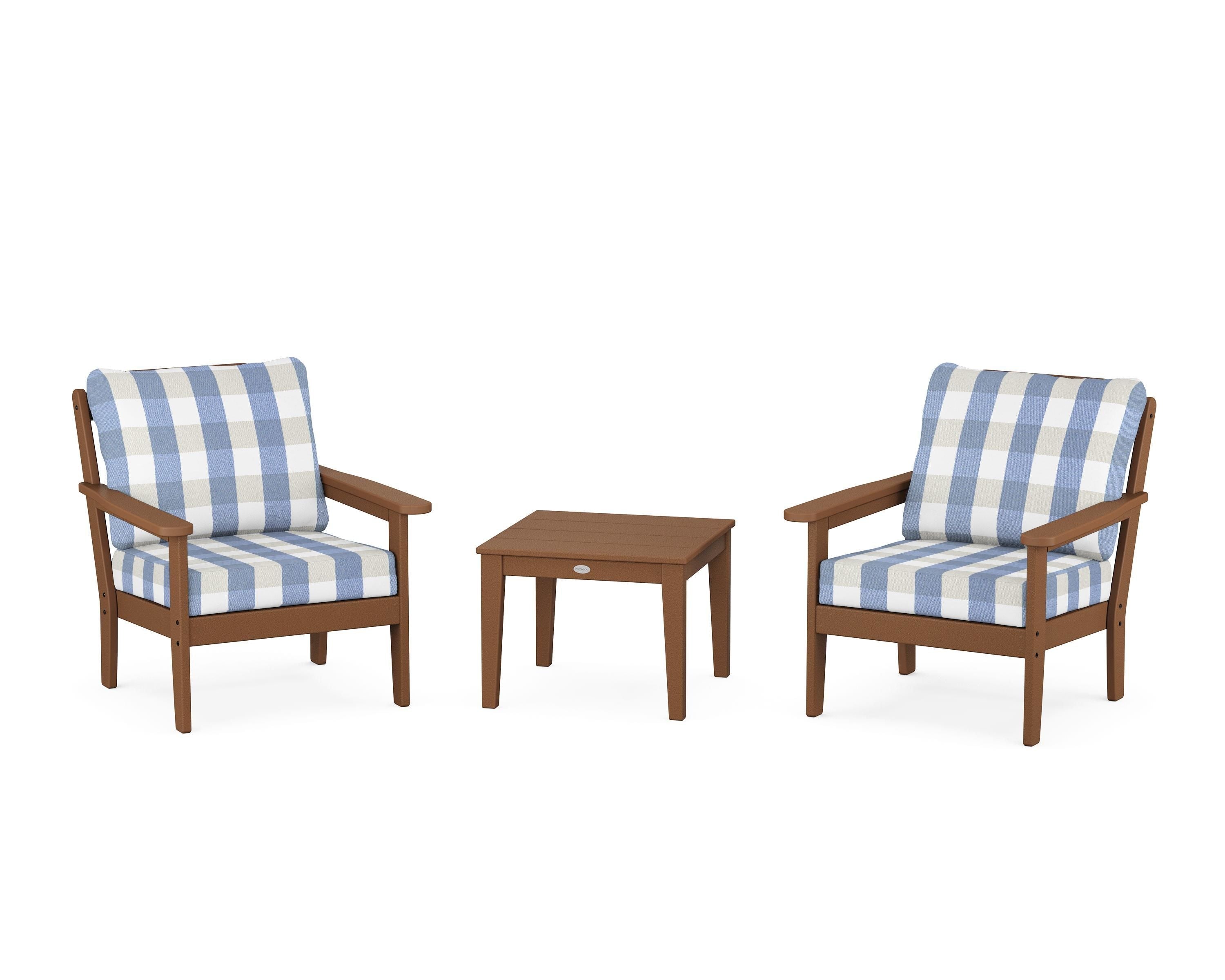 Country Living Cottage 3-Piece Deep Seating Set in Teak / Buffalo Plaid Sky Blue