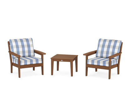Country Living Cottage 3-Piece Deep Seating Set in Teak / Buffalo Plaid Sky Blue