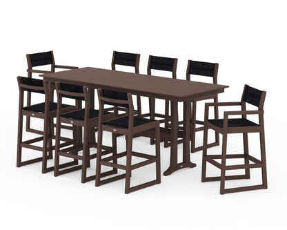 POLYWOOD® EDGE Sling 9-Piece Farmhouse Bar Set with Trestle Legs in Mahogany / Black Sling
