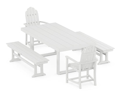 POLYWOOD® Classic Adirondack 5-Piece Dining Set with Benches in White