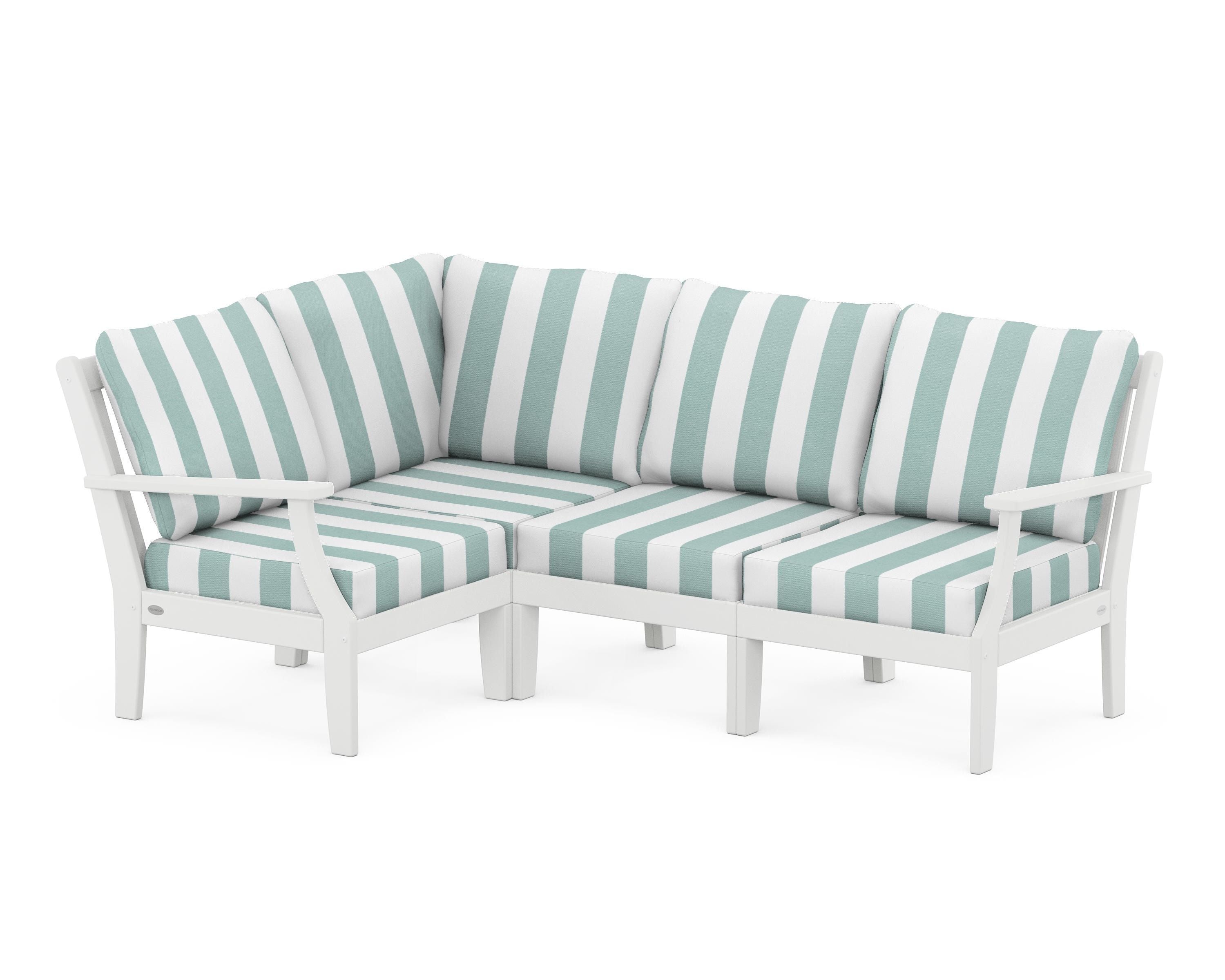 POLYWOOD® Braxton Modular 4-Piece Deep Seating Set in White / Cabana Stripe Glacier Spa