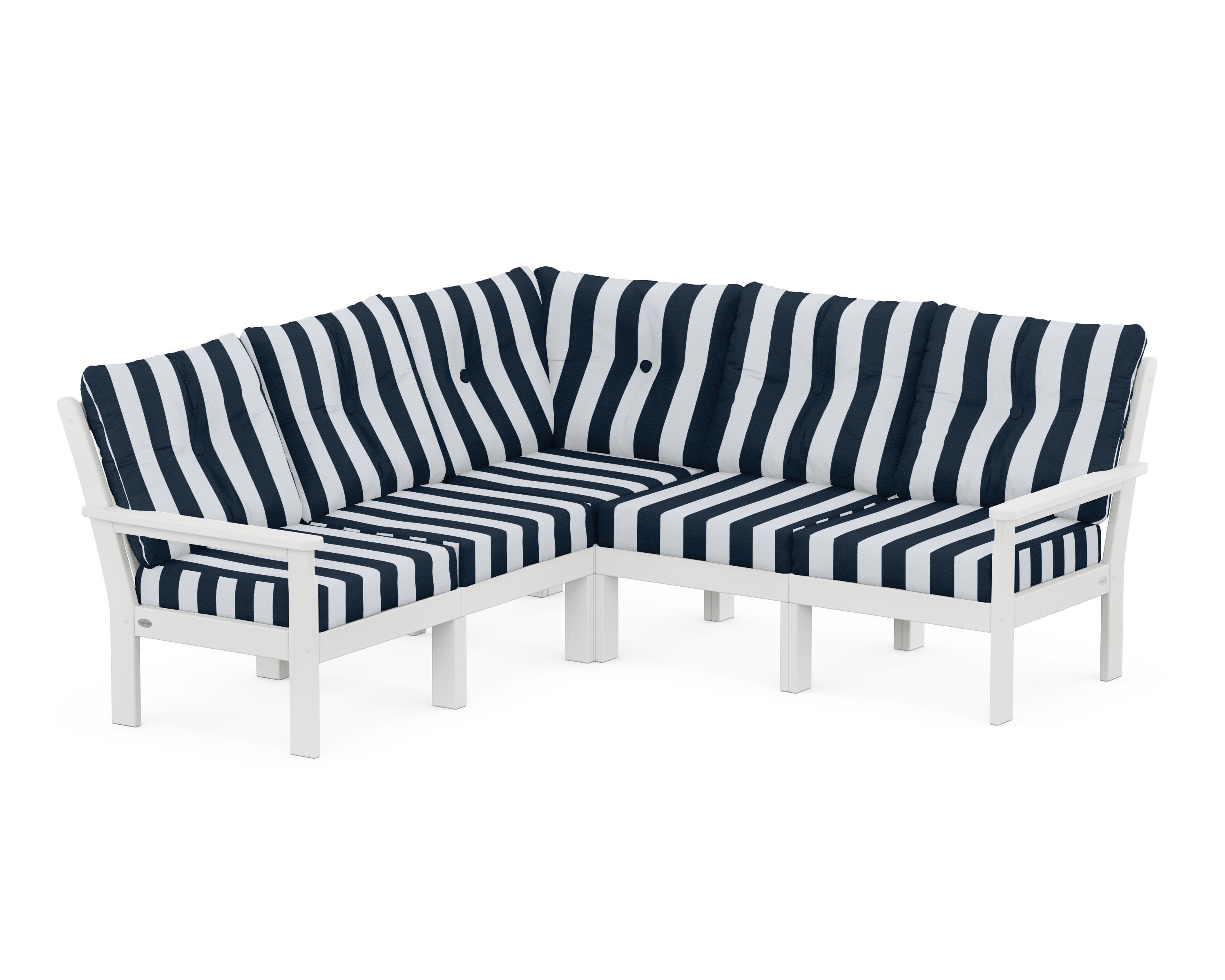 POLYWOOD® Vineyard 5-Piece Sectional in White / Cabana Stripe Marine Indigo