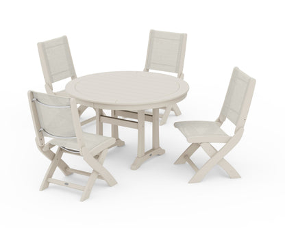 POLYWOOD® Coastal Folding Side Chair 5-Piece Round Dining Set With Trestle Legs in Sand / Parchment Sling