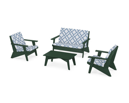 POLYWOOD® Riviera Modern Lounge 4-Piece Set in Green / Trellis Sky Blue