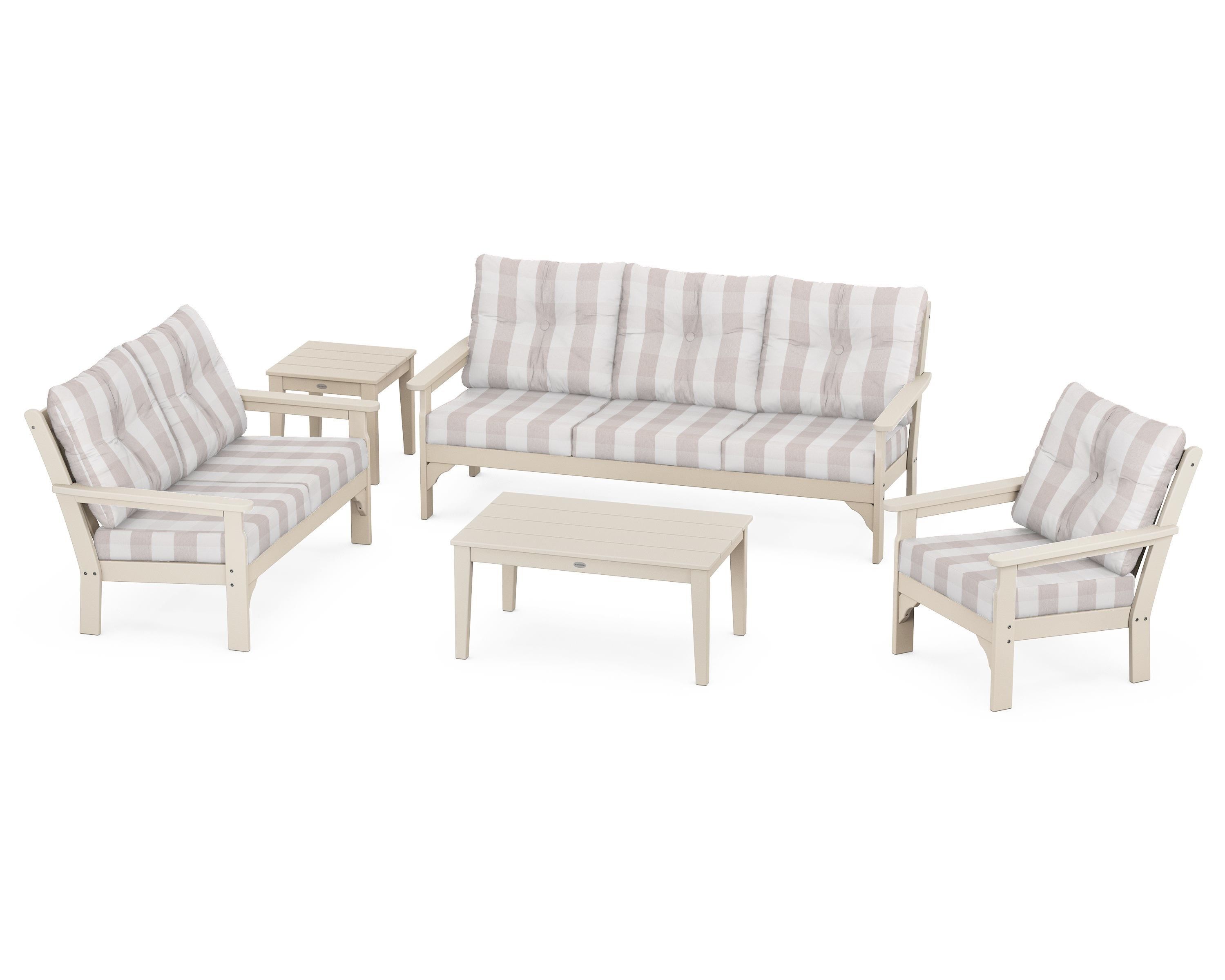 POLYWOOD® Vineyard 5 Piece Deep Seating Set in Sand / Buffalo Plaid Dune Burlap