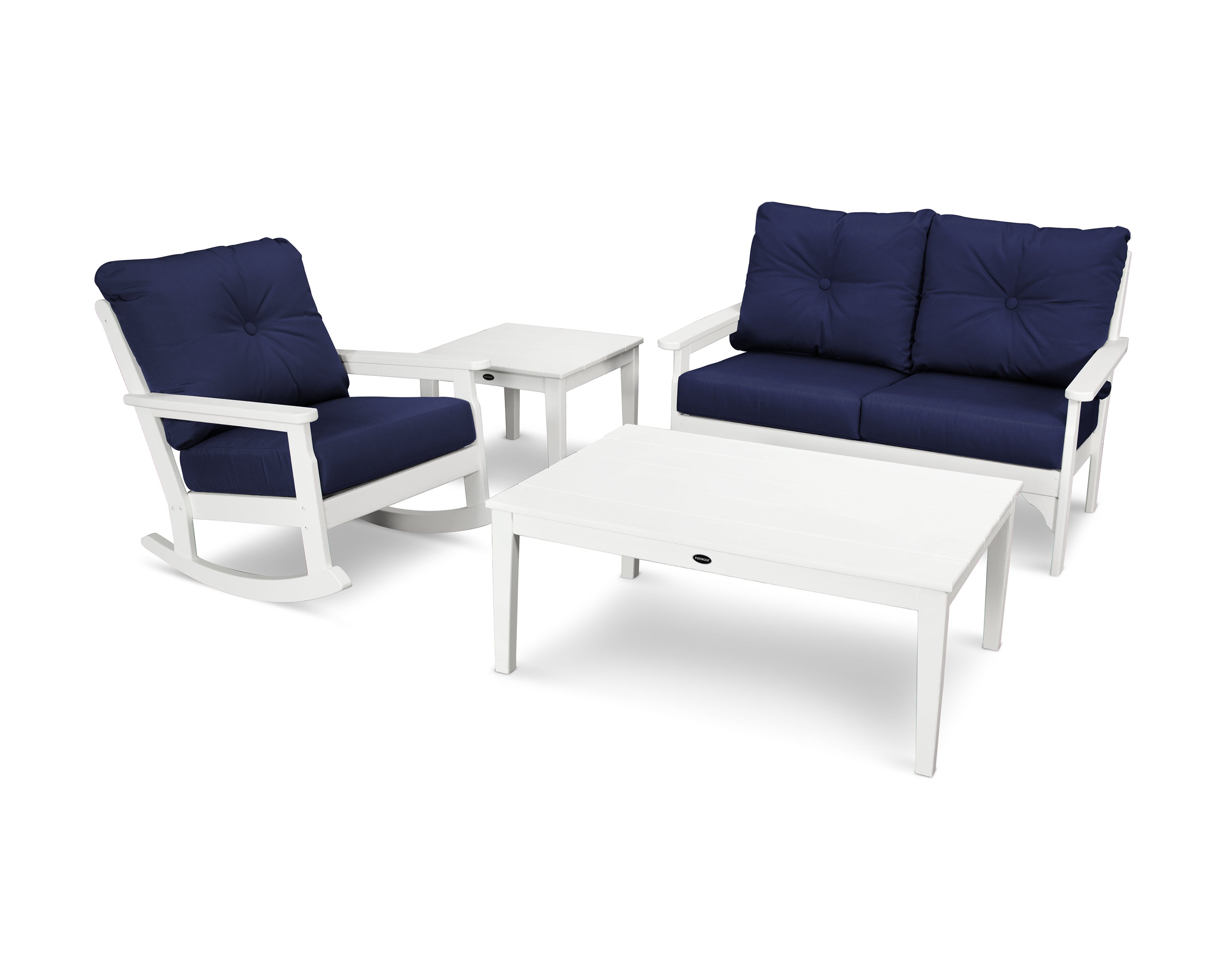 POLYWOOD® Vineyard 4-Piece Deep Seating Rocker Set in White / Navy