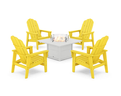 POLYWOOD® 5-Piece Vineyard Grand Upright Adirondack Conversation Set with Fire Pit Table in Lemon / White