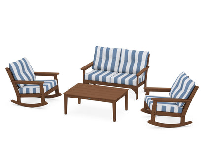 POLYWOOD® Vineyard 4-Piece Deep Seating Rocking Chair Set in Teak / Cabana Stripe Sky Blue