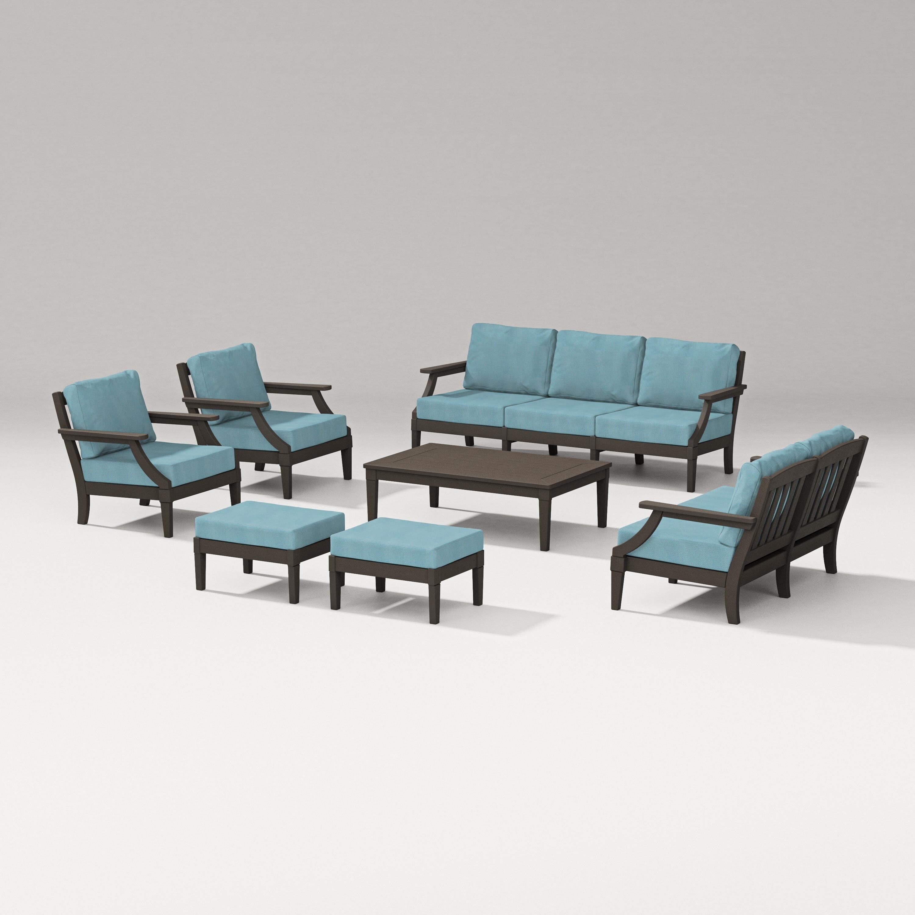 PW Designer Series Estate 7-Piece Lounge Sofa Set in Vintage Coffee / Lattice Sky Blue