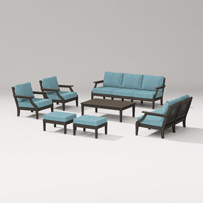 PW Designer Series Estate 7-Piece Lounge Sofa Set in Vintage Coffee / Lattice Sky Blue