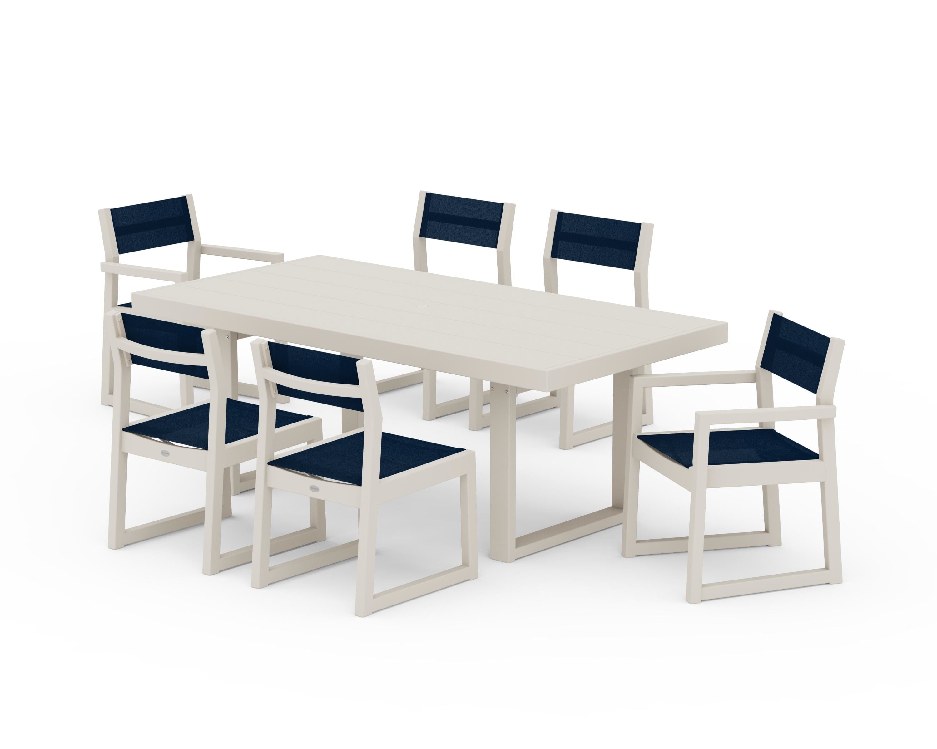 POLYWOOD® EDGE Sling 7-Piece Dining Set in Sand / Navy Blue Sling